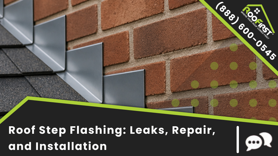 Roof step flashing showing a step flashing leak needing roof step flashing repair and step flashing installation, for roof step flashing near you.